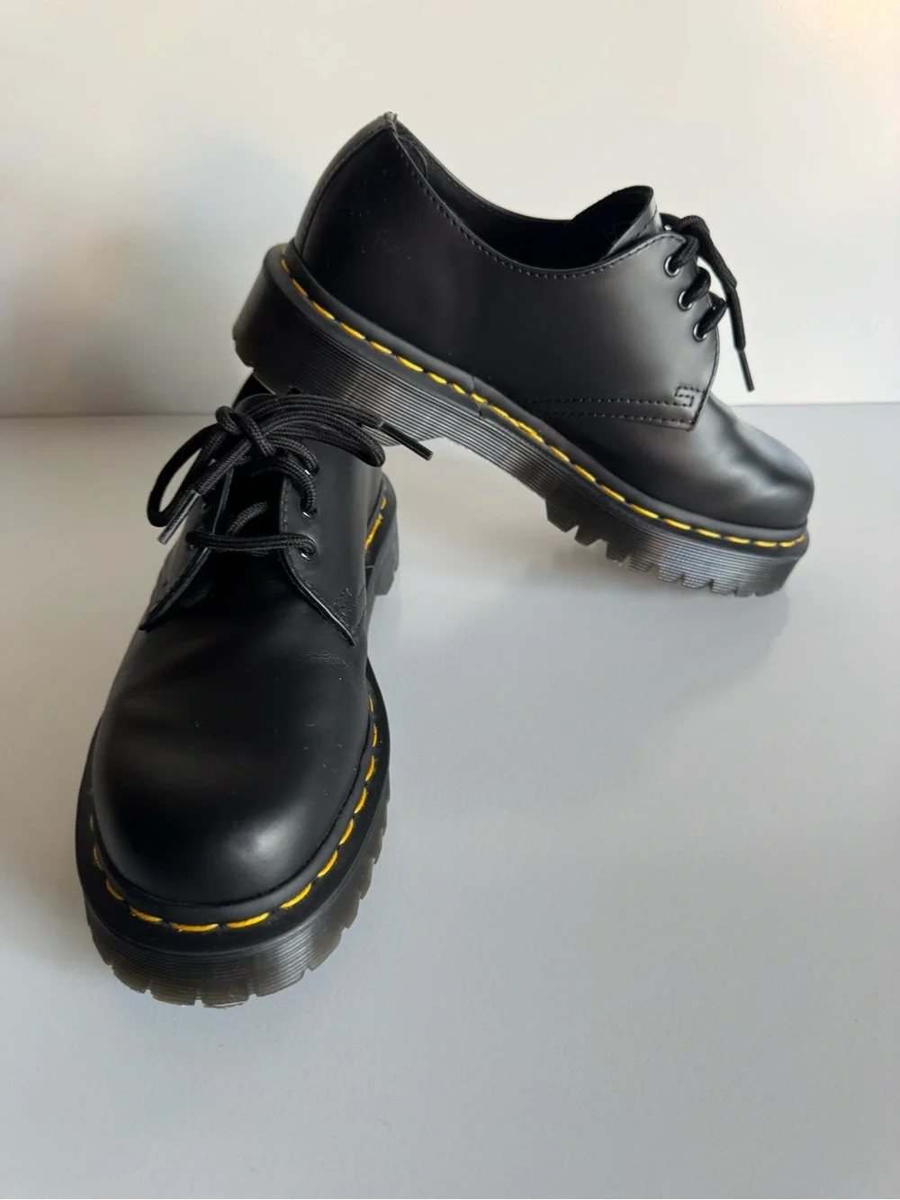 Black Lace-Up Derby Shoes with Yellow Stitch Detail